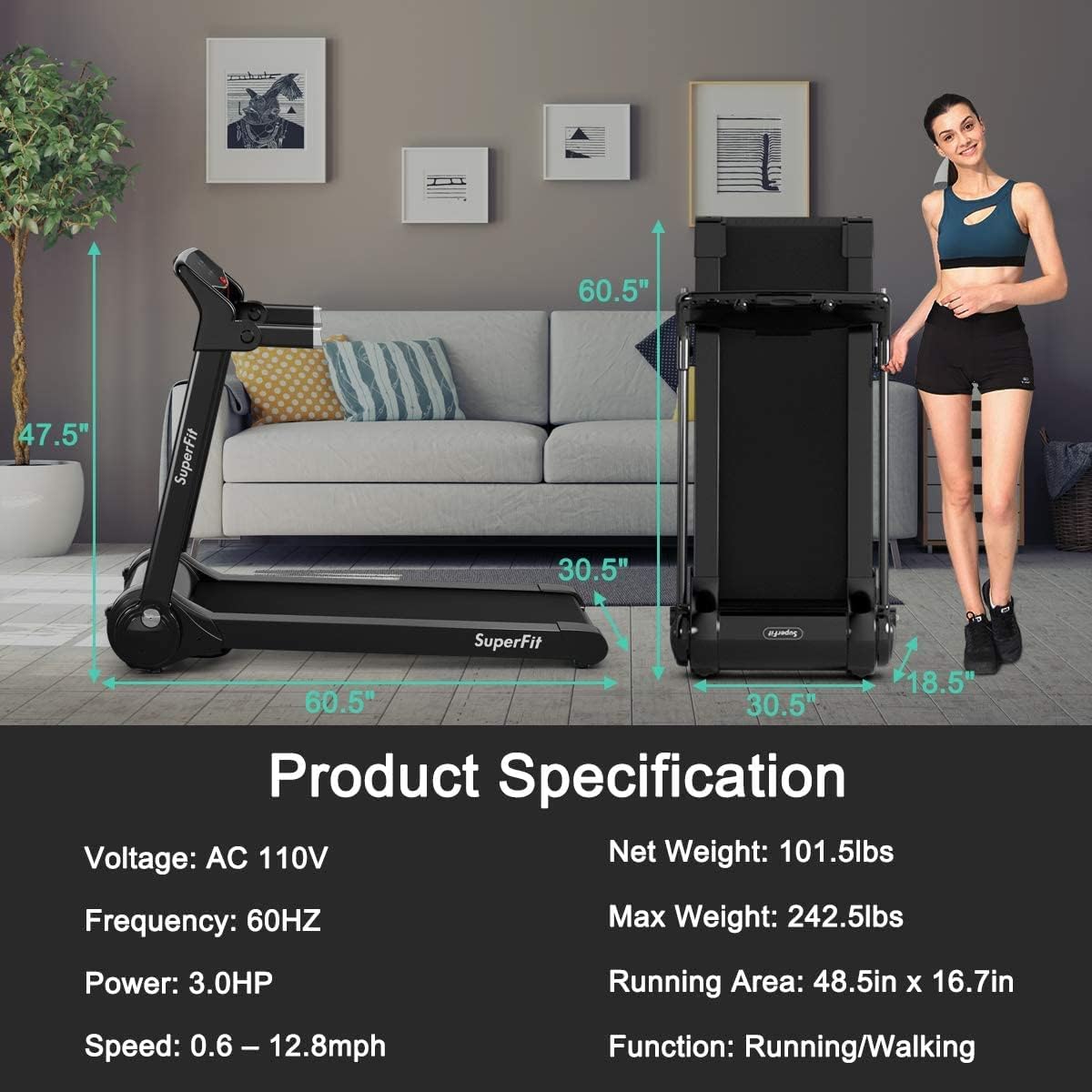 Topment Folding Treadmill, 3.0HP Electric Treadmill with APP Control, HD Digital Touch Screen, Retractable Device Holder and Speakers, Compact Walking Running Machine (Silver + Black)