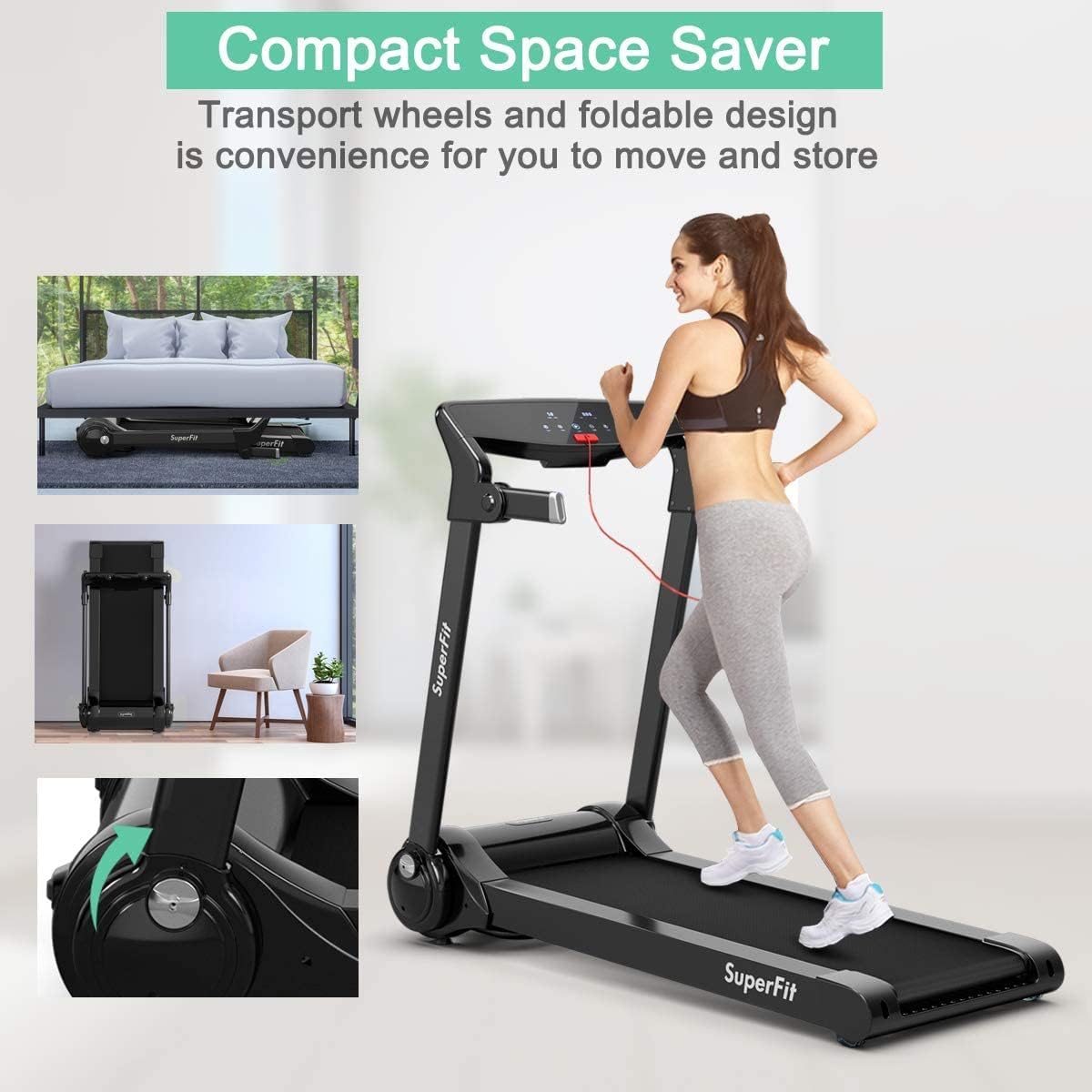 Topment Folding Treadmill, 3.0HP Electric Treadmill with APP Control, HD Digital Touch Screen, Retractable Device Holder and Speakers, Compact Walking Running Machine (Silver + Black)