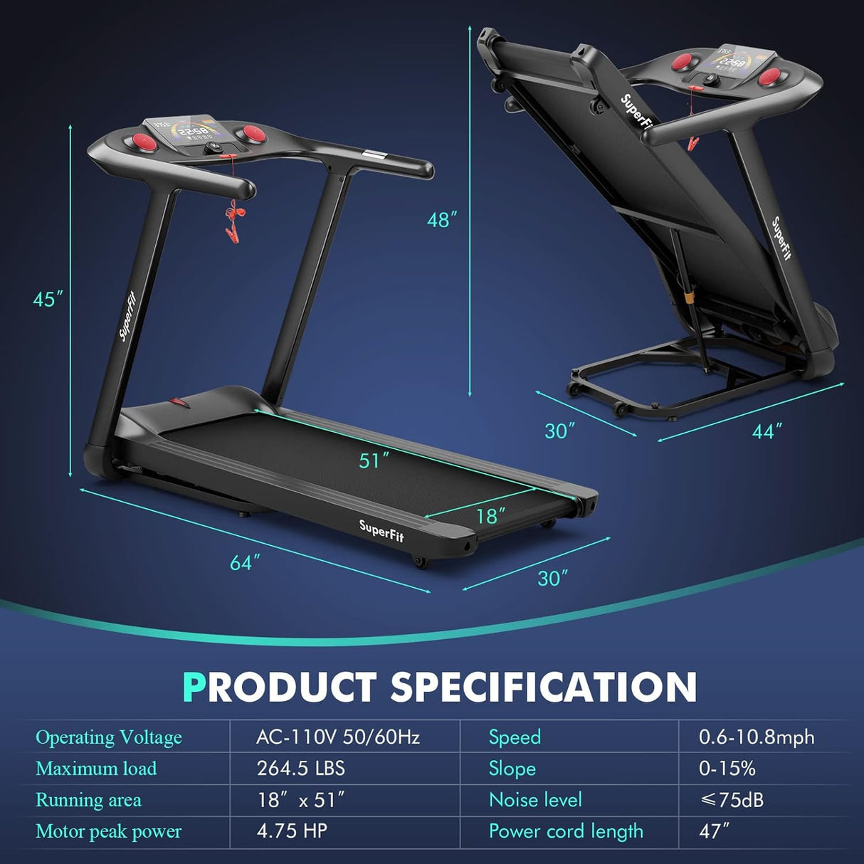 Goplus 4.75HP Folding Treadmill with 15% Auto Incline, Electric Superfit Treadmill w/Voice and APP Control, 20 Preset Programs, LED Touch Screen, Walking Jogging Running Machine for Home Office