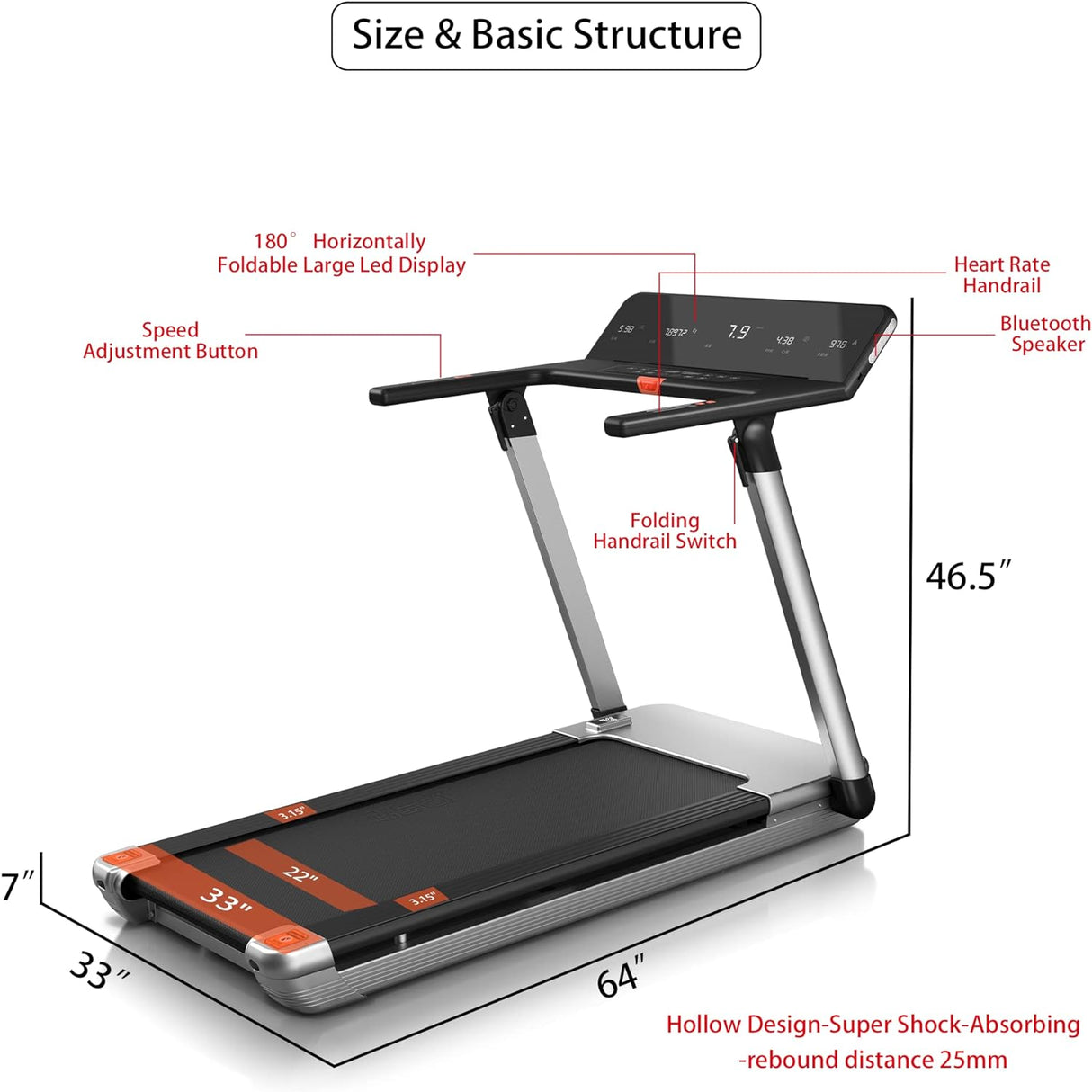 RHYTHM FUN Treadmill Folding Treadmill Desk Treadmill 4.0HP Electric Motorized Treadmill Super Shock-Absorbing Slim Quiet Treadmill with Large Display/Workout APP for Home Office Gym
