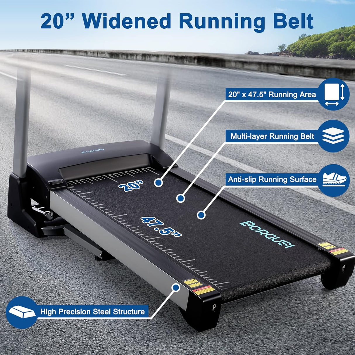 BORGUSI 15% Auto Incline Treadmill with Bluetooth Speaker, 20" Wide 3.5HP Folding Electric Treadmill with LCD Display Easy Assembly Running Walking Exercise Machine for Home Use, 350 LBS Capacity