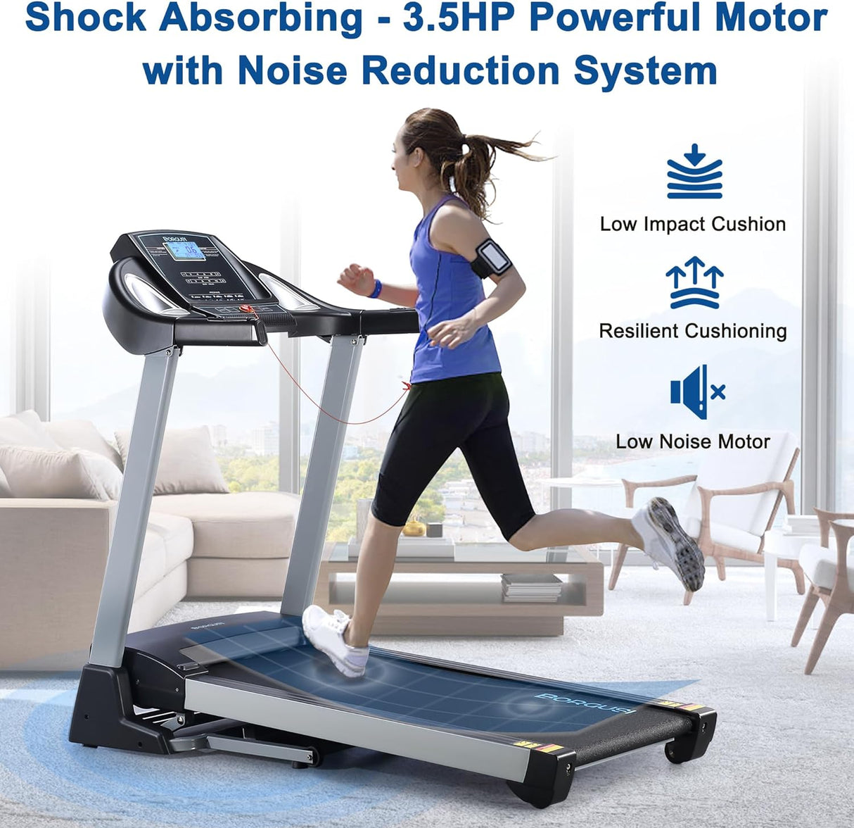 BORGUSI 15% Auto Incline Treadmill with Bluetooth Speaker, 20" Wide 3.5HP Folding Electric Treadmill with LCD Display Easy Assembly Running Walking Exercise Machine for Home Use, 350 LBS Capacity