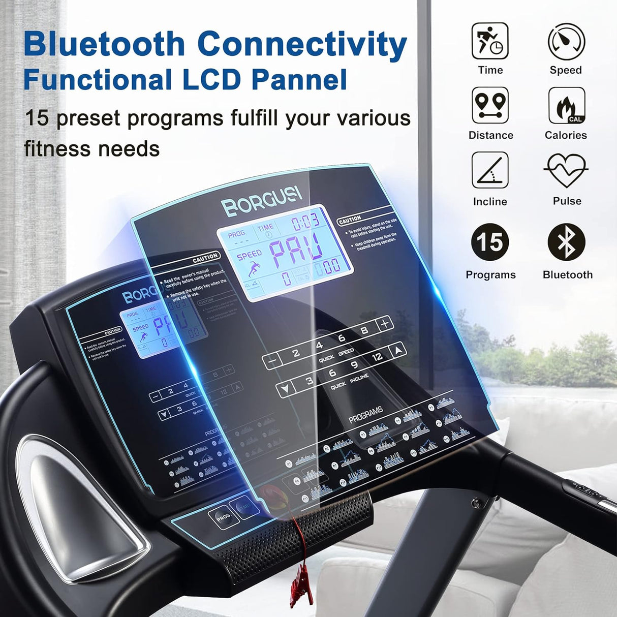 BORGUSI 15% Auto Incline Treadmill with Bluetooth Speaker, 20" Wide 3.5HP Folding Electric Treadmill with LCD Display Easy Assembly Running Walking Exercise Machine for Home Use, 350 LBS Capacity