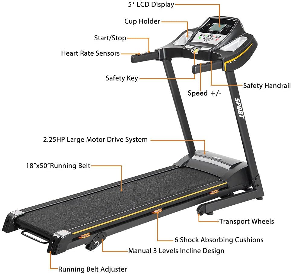Foldable Treadmills for Home Folding Electric Treadmill Motorized Running Machine with Manual Incline and Hydraulic Rod Mechanism Cardio Training w/Wheels, Safety Key,EKG Grip Pulse Sensor