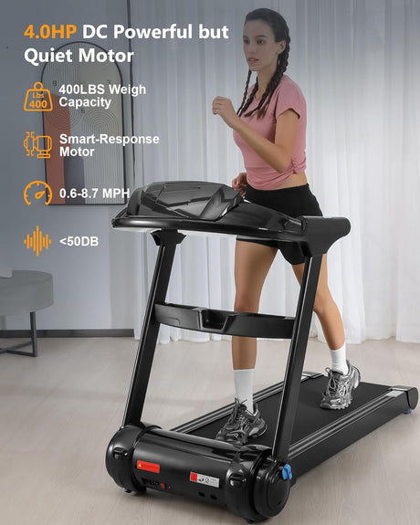 SPORTY&FIT 4.0HP Folding Treadmill, [0.6-8.7 MPH] [Max 400LBS] [No Assembly] Electric Treadmill for Running Walking, Foldable Treadmill with LCD Monitor & Pulse Detection for Office Home Workout