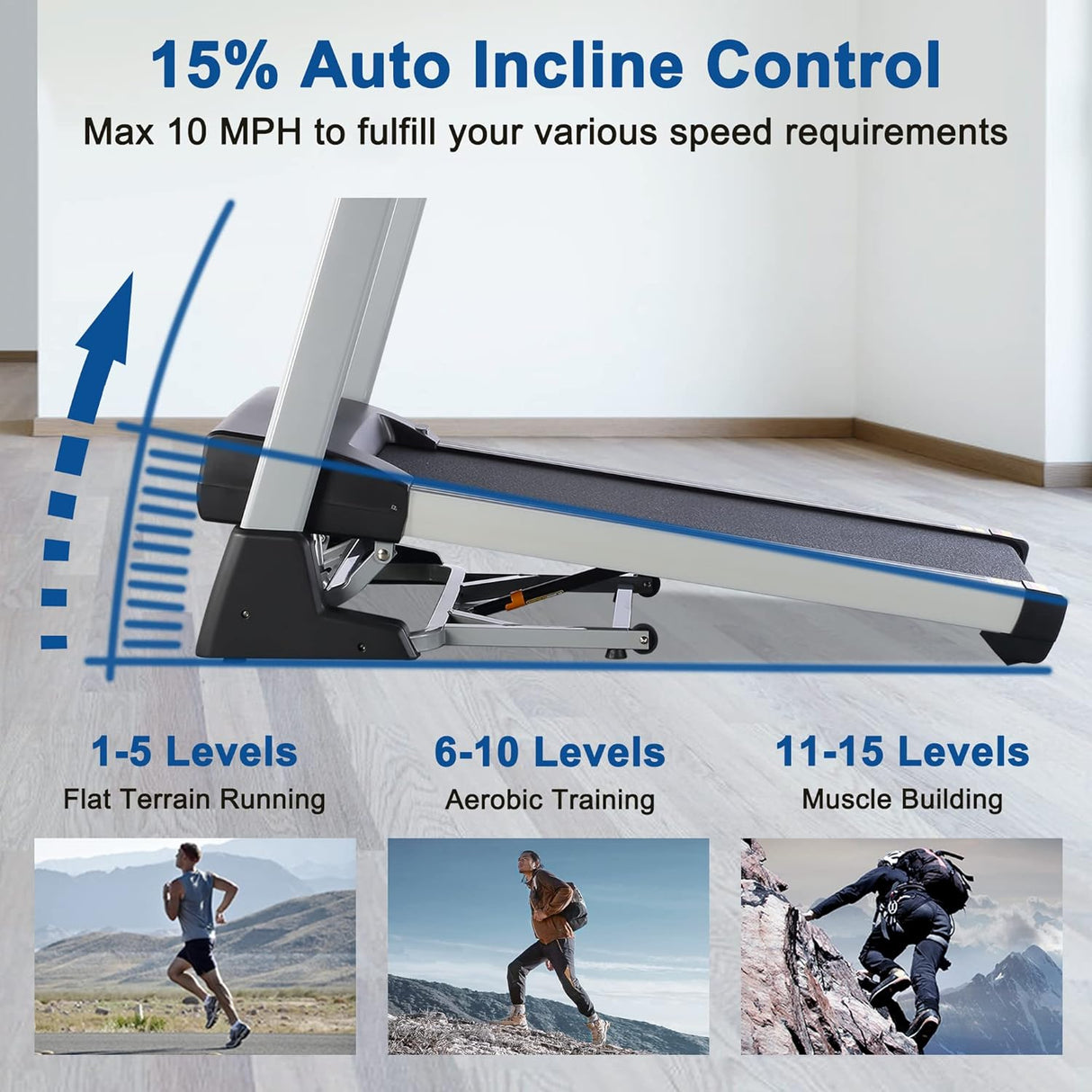 BORGUSI 15% Auto Incline Treadmill with 20" Wide Tread Belt, 350 LBS Capacity, 3.5 HP, Speeds Up to 10 MPH, Folding Treadmill with 15 Preset Programs LCD Display