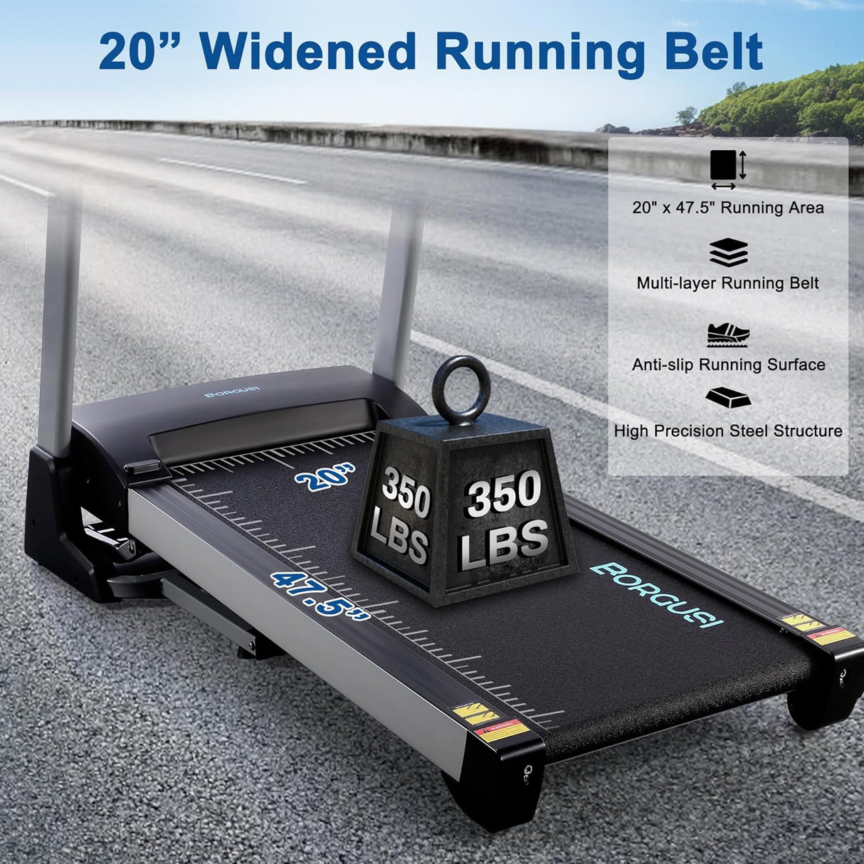 BORGUSI 15% Auto Incline Treadmill with 20" Wide Tread Belt, 350 LBS Capacity, 3.5 HP, Speeds Up to 10 MPH, Folding Treadmill with 15 Preset Programs LCD Display